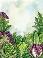 Watercolor garden vegetables with purple cabbage, green lettuce, and leafy greens on soft wash background, suitable for culinary, organic, and farm-to-table design projects.