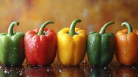 Fresh colorful bell peppers with water drops lined up in row on dark reflective surface against warm blurred background, healthy organic vegetables.