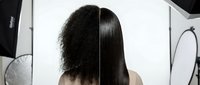 Split screen comparison showing African American woman's hair transformation from natural curly texture to sleek straight style after professional treatment.