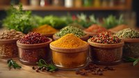Aromatic spices and herbs in wooden bowls on rustic table, including turmeric, chili powder, peppercorns and dried herbs with fresh leaves garnish.
