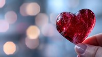 Red translucent heart held against blurred bokeh background. Romantic crystal or glass heart shape catching light creates dreamy Valentine's Day or love concept.