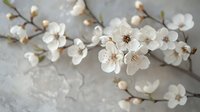 Delicate white cherry blossoms branch against textured gray wall background, soft focus spring flowers with gentle bokeh effect create serene natural composition.