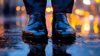 Black leather oxford shoes in puddle reflecting city lights at night, close-up view with water droplets and bokeh effect creating atmospheric urban mood.