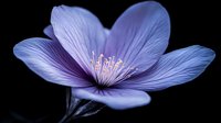 Delicate purple flower with detailed petals and stamens against dark background, macro photography highlighting natural texture and botanical details.