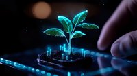Futuristic digital plant growing from microchip circuit board with glowing neon blue elements against dark background, finger touching holographic technology display.