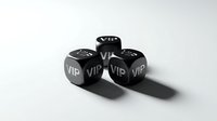 Black dice with white VIP text on faces creating luxury gaming concept for premium entertainment and exclusive club membership experiences.