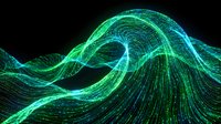 Glowing green and blue wave particles flowing across dark background, creating dynamic motion effect for technology, data visualization, and digital design projects.