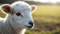 Adorable white lamb with fluffy wool coat in golden sunlight on farm pasture. Young sheep portrait with soft natural lighting for agriculture content.