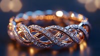 Luxury rose gold braided ring with diamonds in infinity pattern captured in macro with soft bokeh background highlights creating romantic atmosphere.