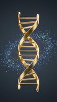 Golden DNA double helix structure with glowing particles on dark background for genetics research, biotechnology and medical science concepts.