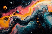 Abstract cosmic art featuring fluid swirls in orange, pink, and teal with floating spheres creating galaxy-like patterns against dark background. Marble effect artwork.