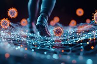 Microscopic virus particles floating in blue liquid with water droplets and bokeh effects, dramatic scientific visualization against dark background.