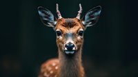 Young deer with spotted coat and small antlers looking directly at camera against dark background for wildlife photography and nature designs.