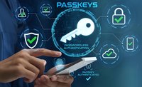 Passwordless authentication technology with passkey security system on smartphone showing digital key icon and cybersecurity interface elements.
