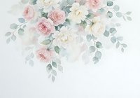Watercolor floral arrangement with soft pink roses and eucalyptus leaves on white background for wedding invitations and romantic designs.