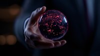 Mystical glowing crystal ball with red constellation patterns held by hand against dark background, creating magical fortune telling atmosphere.