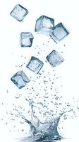 Clear ice cubes falling into water creating dynamic splash with droplets and ripples on white background, frozen crystal clear blocks in motion.