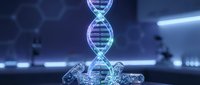DNA double helix structure with glowing blue light effects in modern laboratory setting for genetic research and biotechnology applications.