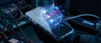 Smartphone displaying holographic cybersecurity warning alerts with glowing digital interface elements surrounded by network cables in dark tech environment.