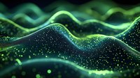 Abstract digital landscape with glowing green particles forming wavy mountain silhouettes against dark background, creating futuristic terrain visualization.