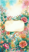 Ornate floral frame with watercolor roses, peonies, and botanical elements in pink, gold, and turquoise tones. Isolated design ready for invitations, greeting cards, and decorative projects.