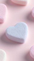 Soft pastel heart-shaped candy on pink background with gentle shadows and selective focus, creating romantic mood for Valentine's Day designs and sweet confectionery concepts.