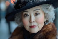 Elegant mature Asian woman wearing vintage black hat with feathers and fur collar, displaying refined style with red lipstick and silver hair in classic portrait.