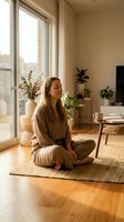 Young woman meditating in sunlit living room with plants and natural light streaming through windows creating peaceful morning wellness atmosphere.