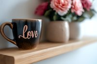 Black coffee mug with rose gold Love text on wooden shelf, pink roses in white vase blurred in background, romantic morning lifestyle composition.