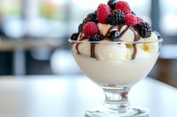 Creamy vanilla ice cream sundae topped with fresh raspberries, blackberries and chocolate sauce in elegant glass bowl, served against blurred restaurant background.