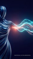 Abstract human silhouette with flowing blue lines connecting to glowing digital wave patterns, representing artificial intelligence collaboration and emotional connection in technology innovation.