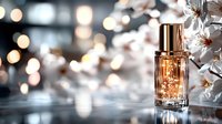 Luxury perfume bottle with golden liquid surrounded by white cherry blossoms against blurred bokeh background, elegant cosmetic product photography.