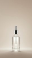 Clear glass dropper bottle with silver cap containing transparent serum on neutral beige background for skincare and cosmetic product marketing.