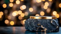 Luxurious black marble podium with gold accents on dark reflective surface against blurred golden bokeh background creates elegant product display setting.