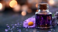 Purple essential oil in glass bottle with fresh daisy flower and lavender sprigs against blurred bokeh lights creating magical aromatherapy atmosphere.
