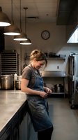 Female chef in denim apron preparing food in modern commercial kitchen with stainless steel equipment and pendant lighting for restaurant industry.
