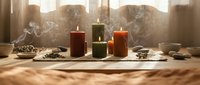 Aromatic candles burning on wooden table creating cozy atmosphere with warm light and smoke in rustic interior setting for relaxation and wellness.