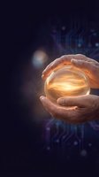 Hands holding glowing golden orb with luminous energy against dark tech circuit background, symbolizing innovation, future technology, and business solutions.