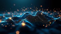 Glowing digital wave landscape with particles and dots forming dynamic terrain against dark background, illuminated by blue light and orange bokeh effects.
