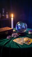 Mystical fortune telling setup with glowing crystal ball, tarot cards, candle flame and amethyst crystals on emerald velvet for spiritual guidance sessions.