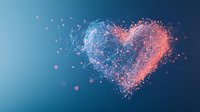 Glowing heart shape formed by connected particles and dots in pink and blue colors against dark background, abstract network visualization for love concepts.