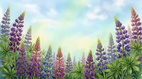 Watercolor lupine flowers in purple and pink hues create natural border frame against soft pastel sky background for spring garden botanical artwork.