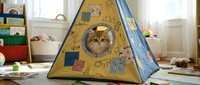 Cute cat peeking out from yellow tent-shaped playhouse with educational symbols and clock design, perfect for children's room decor and pet product marketing.
