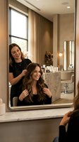 Professional hairstylist working with female client in modern luxury salon with marble countertops and natural lighting for hair care services.