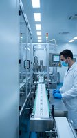 Male scientist in protective mask operating automated pharmaceutical production line in sterile cleanroom laboratory facility.