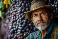 Mature bearded farmer with straw hat examining fresh grape harvest at vineyard. Close up portrait shows experienced winemaker during autumn grape picking season.
