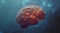Glowing human brain with neural connections floating in cosmic space, illuminated by red energy streams against turquoise nebula background, medical science concept.