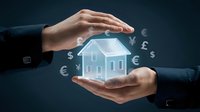 Hands protecting a glowing holographic house surrounded by currency symbols, representing real estate investment, property insurance, and financial security.