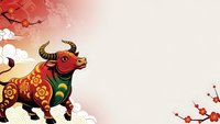Festive red bull with golden ornaments among cherry blossoms and clouds for Chinese New Year celebrations and traditional Asian holiday designs.