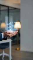 Businessman hands presenting holographic financial data charts and graphs in modern office environment for business analytics and digital transformation.